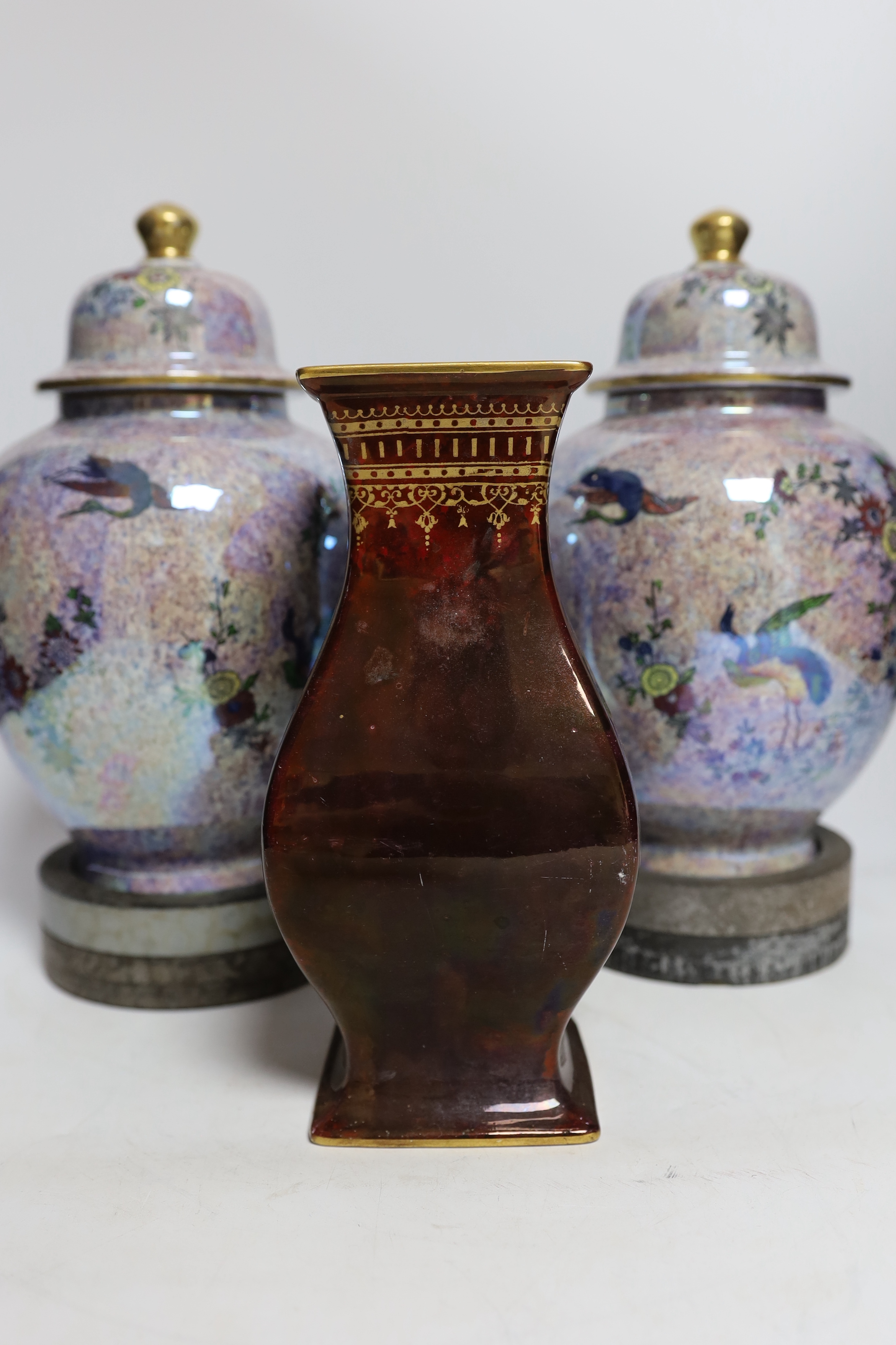 A pair of Wilton ware lustre glazed lidded vases on stands and a Losol vase (3) tallest 30cm